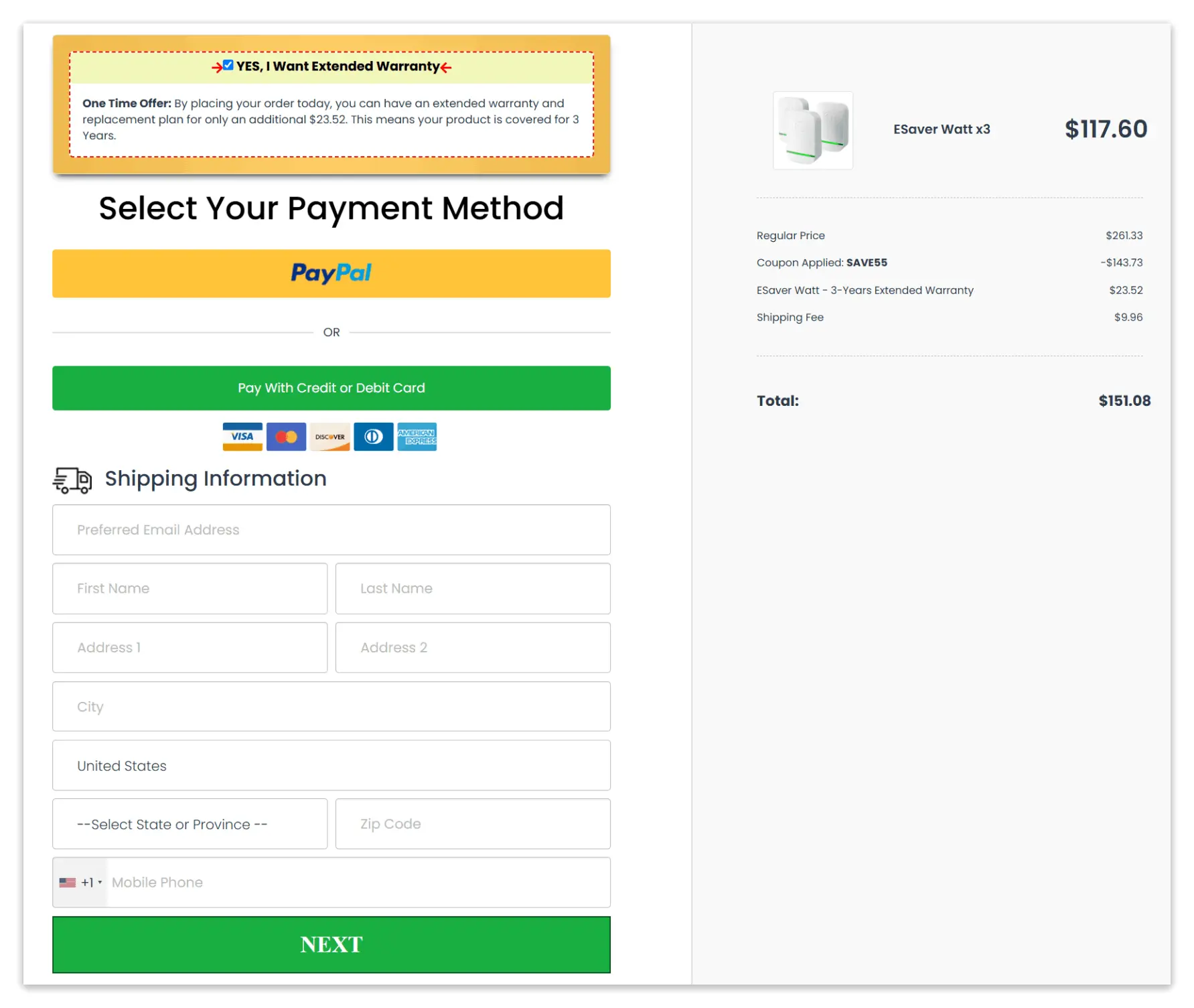 ESaver secure checkout page